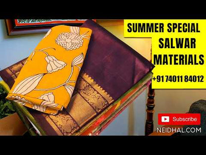 Light beige digital printed silk cotton unstitched salwar material (Lightweight,Lining Needed),contrast pink silk cotton bottom, silk cotton dupatta with digital prints and jamdani weaving all over and on pallu. AG262212