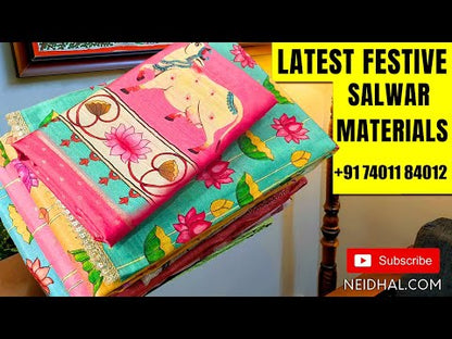 half white fancy kota silk cotton unstitched salwar material(thin, lining needed)embroidery work on yoke, matching silky bottom, embroidery work on kota silk cotton dupatta. OC251125