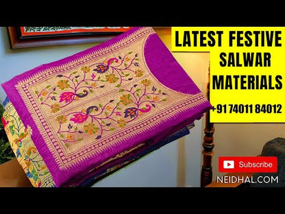 Black fancy silk unstitched salwar material (soft,lining needed)antic gold zari woven on yoke,zari buttas on front,matching silky bottom,zari buttas on fancy silk full length dupatta with rich pallu . DC250526