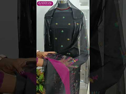 Black jamdani woven premium silk cotton unstitched salwar material(thin, lining needed)maroon silk cotton bottom, jamdani woven premium silk cotton dupatta. CODE AG251603