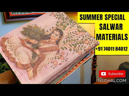 Bright pink raw silk unstitched salwar material,contrast yoke patch with bird embroidery and real mirror(lining optional)yellow silky bottom, bird embroidery onsilk cotton dupatta with scallop borders. AG261213