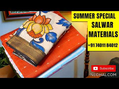 Rich beige silk cotton unstitched salwar material,thread buttas on front,thread weaving on yoke and daman,(Silky, Lining Needed)matching silky bottom, floral buttas on silk cotton dupatta with thread weaving pallu and borders(TAPPING NEEDED). AP262207