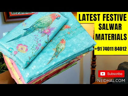 Sage green tissue silk cotton unstitched salwar material,(silky, lining needed) digital print, sugar bead, zardozi work on yoke and daman, matching santoon bottom , digital printed tissue silk cotton shorth width dupatta with lace tapings. OC251316