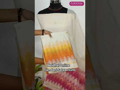 Half white designers silk cotton unstitched salwar material, thread &zari woven on front(thin, lining needed)matching silk cotton bottom, silk cotton dupatta with zari& thread weaving design. CODE SP250517