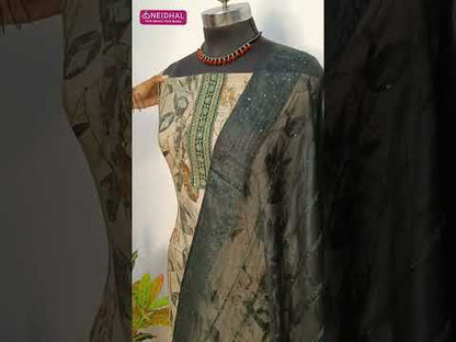 Light grey base leafy printed semi linen unstitched salwar material, embroidery on yoke(lining optional)dark green cotton bottom, fancy super net dupatta. CODE SP250522