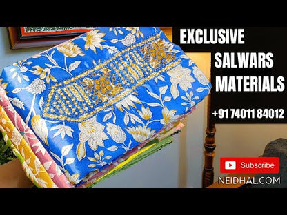 Lavender pure kantha cotton unstitched salwar material, thread& sequins work on yoke, thread& sequins work on yoke(lining optional)matching soft silk cotton bottom, block printed pure kota cotton dupatta with gold tissue borders. CODE JA251507