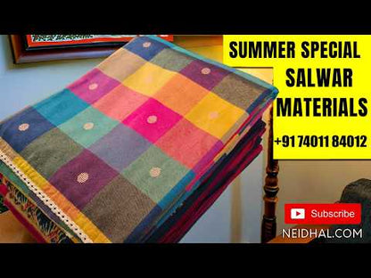 Off white base silk cotton unstitched salwar material,heavy hand embroidery work on front,(EMBROIDERY PATTERN MIGHT VARY)(lining needed)maroon santoon bottom,silk cotton dupatta with rich pallu and borders with pom pom tapping. OC261815