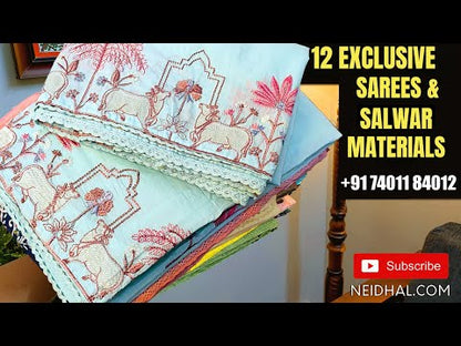 Black fancy silk cotton unstitched salwar material, bead work on front(silky fabric, lining needed)matching santoon bottom, embroidered fancy organza dupatta. CODE NV240601