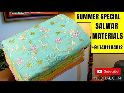 Pastel Yellow kota cotton unstitched salwar material (lining needed) rich embroidery on daman, matching cotton bottom, embroidery kota cotton dupatta with scallop borders. MR260706