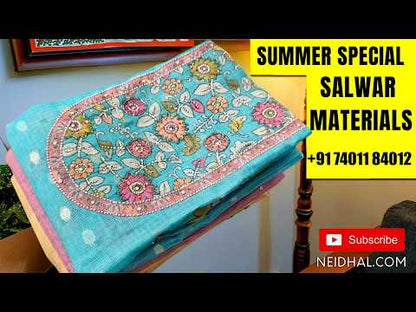 Light beige base jamdani woven silk cotton unstitched salwar material,(SAGE GREEN)warli jamdani weaving on daman (lining needed)matching spun cotton bottom,jamdani weaving on silk cotton dupatta with pallu. AP262522