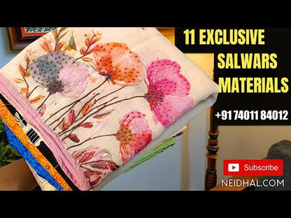 Yellowish beige printed pure soft cotton unstitched salwar material, lace work on yoke(lining needed)matching spun cotton bottom, printed fancy chiffon dupatta with tapings. CODE JN250511