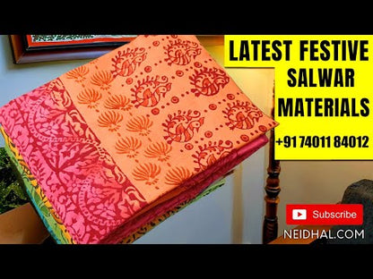 Rich Beige premium silk cotton unstitched salwar material (lining needed) printed daman, turquoise blue spun cotton bottom, printed premium silk cotton dupatta. DC252227