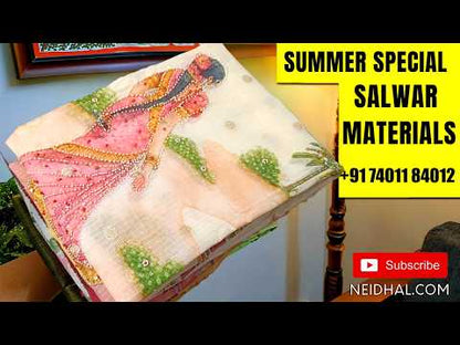 Half white base premium block printed pure mul cotton unstitched salwar material(GREEN)(lining needed) bead and sequins work on yoke, hand block printed cotton bottom,hand block printed pure chiffon dupatta.AP260803