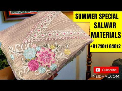 Light beige base semi linen unstitched salwar material,floral printed with thread and sequins on daman, (lining optional)pink spun cotton bottom, colorful digital printed semi linen dupatta(TAPPING NEEDED). AG261704
