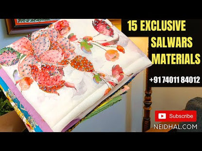 Pale green premium kota unstitched salwar material, rich embroidered on yoke& front(thin fabric, lining needed)matching spun cotton bottom, embroidered premium kota dupatta with scallop edges. Code JL252213