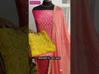 Mehandhi yellow butter silk unstitched salwar material, zardozi& faux mirror work on yoke, zari buttas all over(thin, lining needed)matching santoon bottom, pure chiffon dupatta with sequins& brocade borders. CODE AG251716
