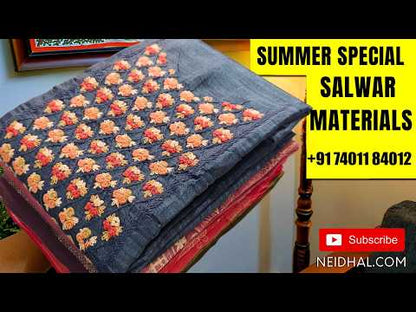 Black soft silk cotton unstitched salwar material, thread weaving on yoke and daman (Lightweight, Thin, Lining Needed)matching silky bottom, silk cotton dupatta with thread weaving & borders. SP261413