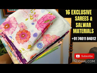 Grey tissue linen unstitched salwar material, hand embroidered on yoke & front(thin fabric, lining needed)matching spun cotton bottom, digital printed tissue linen dupatta with tissue borders &tassels. Code AP251603