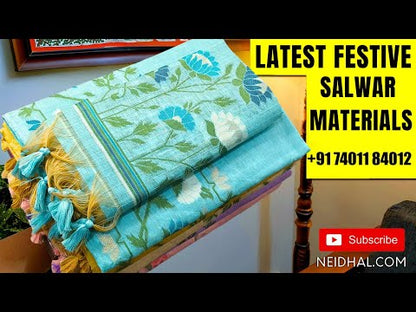 Floral printed mehandhi Yellow soft pure cotton unstitched salwar material (lining needed) zari woven borders, printed cotton bottom, printed mul cotton dupatta with zari woven borders. DC253106