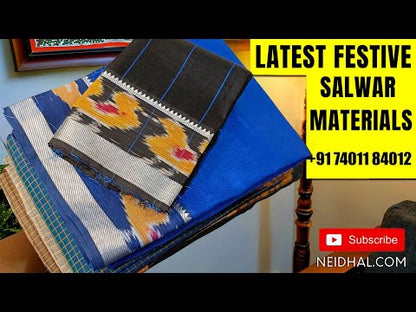 Light Blue bagalpuri jute silk cotton stripes unstitched salwar material (lining needed), beige bagalpuri silk cotton bottom, bagalpuri jute silk cotton dupatta with madhubani print in pallu. NV250909