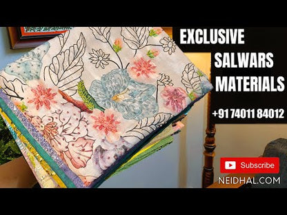 Lavender with silver tint sobar printed tissue silk cotton unstitched salwar material, embroidered on yoke(thin fabric, lining needed)matching spun cotton bottom, digital printed tissue silk cotton dupatta. CODE NV240113