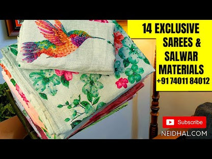 Light purple printed soft cotton unstitched salwar material, lace &sequins work on yoke(lining optional)printed cotton bottom, printed crinkle pure cotton dupatta with lace tapings.CODE AP252709