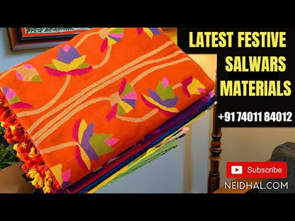 Light greyish beige designer digital printed premium linen unstitched salwar material, v neck, hand embroidered on front(thin fabric, lining needed)matching santoon bottom, digital printed pure linen dupatta with hand embroidered. SP252523