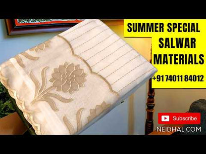 Black premium dabu cotton unstitched salwar material,applique work,kantha stitch and mirror work on yoke,(soft,lining optional)dabu cotton bottom, floral design on mul cotton dupatta with kalamkari pallu. JL262114