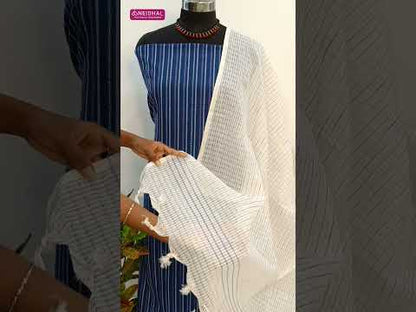 Dark blue pure handloom cotton unstitched salwar material, vertical thread woven all over(lining needed)half white cotton bottom, handloom cotton dupatta with vertical thread woven lines. CODE AG253105