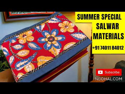 Maroon cotton unstitched salwar material,kalamkari yoke patch with kantha stitch, sequins and mirror work,(lining optional)black cotton bottom,hand block printed soft mul cotton dupatta. AG261906