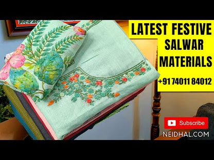 Pastel peach premium linen unstitched salwar material(textured, lining needed) rich hand embroidery work on front, matching santoon bottom, digital floral printed, hand embroidery work on linen dupatta. OC251018