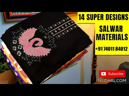 Violet printed satin cotton unstitched salwar material, foil& thread embroidery on front(lining optional)matching spun cotton bottom, plain chiffon dupatta with printed tapings. CODE JL251307