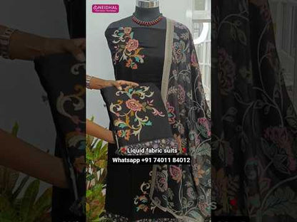 Black liquid fabric unstitched salwar material, embroidered on front(lining needed)matching liquid fabric bottom, digital printed soft mixed cotton dupatta. CODE AG252006