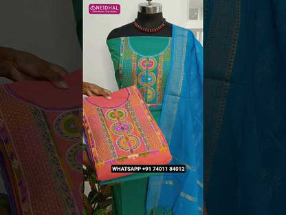 Bluish purple handloom cotton unstitched salwar material, embroidered on yoke(lining optional)pink cotton bottom, handloom cotton dupatta with zari borders. CODE AG251701