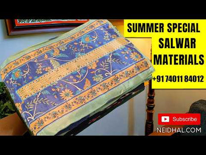 Designer pastel blue silk cotton unstitched salwar material,zari detailing and applique on yoke,(Lining Needed)silky bottom, abstract jamdani woven silk cotton dupatta. AG261006