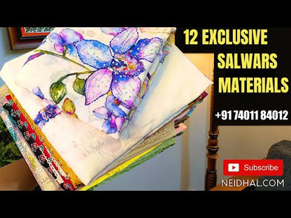 Pastel blue designer premium kota silk cotton unstitched salwar material, rich work on yoke(thin fabric, lining needed)matching lining provided, NO BOTTOM, brush painted premium kota silk cotton dupatta. CODE MY252808