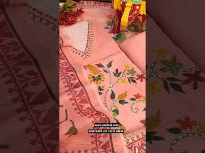 Light grey designer digital printed linen unstitched salwar material, v neck, hand embroidered on yoke& front(thin, lining needed)matching spun cotton bottom, digital printed linen dupatta. CODE JL252402