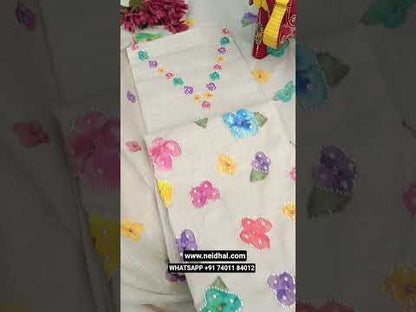 Beige floral printed semi linen unstitched salwar material, zardozi& bead work on front(thin, lining needed)matching cotton bottom, flora printed semi linen full length dupatta with fancy lace tapings. CODE JL252609