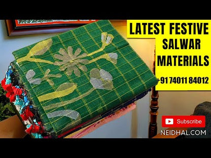 Peacock blue dual shaded mercerised handloom cotton unstitched salwar material, 4.5 metres, thread woven borders (Thin, Lining Needed) Full length dupatta with doule side borders. NV251708