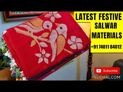 Pastel Green jamdani woven premium soft silk cotton unstitched salwar material with meenkaari work on yoke and daman with faux mirror work (Thin, Lining Needed) matching santoon bottom, jamdani woven dupatta with meenakaari work on borders. SP251820