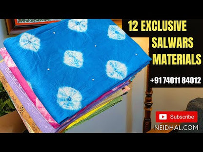 Blue& white striped premium cotton unstitched salwar material, real mirror& applique work on yoke(lining needed)half white schiffli embroidered cotton bottom, dual shaded fancy chiffon dupatta with tapings. Code AP252002