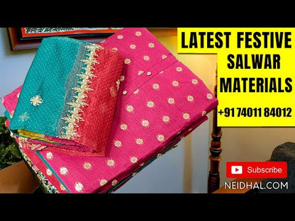 Printed Black satin cotton unstitched salwar material,(lining optional) faux mirror, French knot work on daman, matching spun cotton bottom, printed cotton dupatta. OC252411