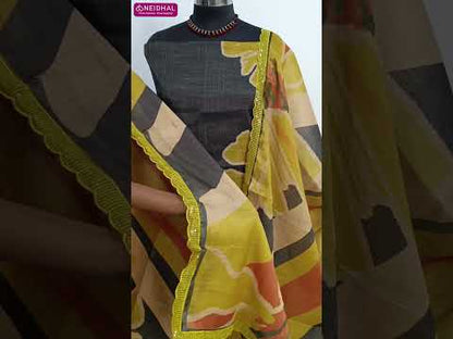 Dark grey designer tissue silk cotton unstitched salwar material, floral printed with bead work on front(thin fabric, lining needed)mehandhi yellow santoon bottom, abstract printed tissue silk cotton dupatta with scallop edges. CODE AG252307