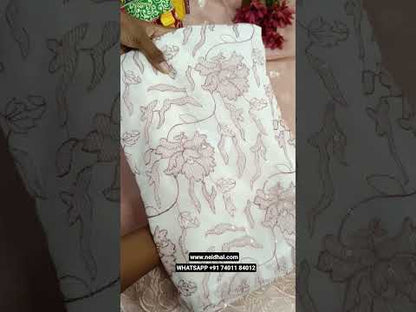 White base crinkled chiffon unstitched salwar material, rich embroidered& sequins work on front(thin, lining needed)matching silky fabric provided for both bottom& lining, embroidered crinkled chiffon dupatta with scallop borders. CODE JL253010