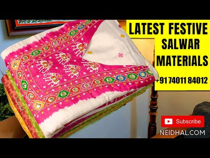 Light fenugreek yellow patola printed fancy silk cotton unstitched salwar material, bead and real mirror work on yoke (Lining Needed) Silk cotton bottom, bright patola printed fancy silk dupatta. NV252405