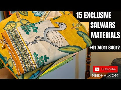 Bright green premium soft cotton unstitched salwar material, zari& sequins work on yoke(lining optional)turquoise green printed sot cotton bottom, printed pure cotton dupatta(REQUIRES TAPINGS). CODE FB251003