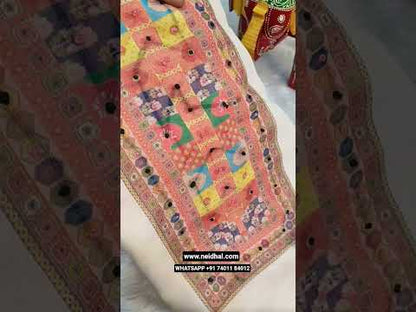 Half white base digital printed semi linen unstitched salwar material, hand embroidered on front(thin, lining needed)matching spun cotton bottom, digital printed semi linen dupatta with hand embrodery. CODE JL251201