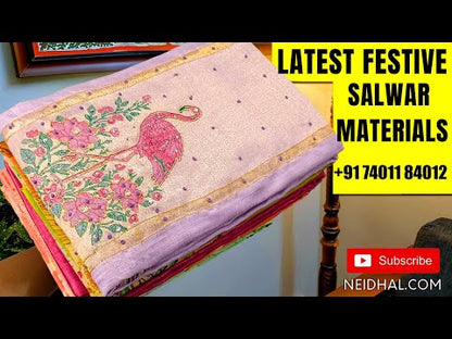 Blue jamdani woven silk cotton unstitched salwar material (silky, lining needed) jamdani woven  on yoke,  small design on front, matching silk cotton bottom, jamdani woven silk cotton fell length dupatta with tassels. DC250921