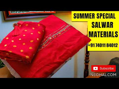 Brick red chanderi silk cotton unstitched salwar material,printed all over,zari borders,(lining needed)spun cotton bottom, digital printed full length chanderi silk cotton dupatta with zari woven borders.(DRY CLEAN ONLY) OC261602