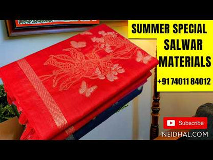 Black premium mercerized handloom cotton unstitched salwar material(thin, lining needed)contrast peacock thread woven border,mercerized handloom cotton dupatta with thread woven borders & tassels. JL260411